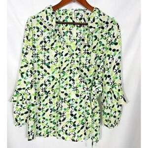 Cato Women Wrap Blouse Size L Green Geo Artsy Electric Colorful Fun Office Event